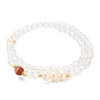 Natural Agate and Natural Quartz Crystal Bead Bracelets, with Sterling Silver Beads and Pearl Beads, Real 18K Gold Plated, Inner Diameter: 10cm