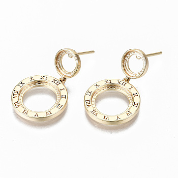 Brass Stud Earring Findings, Cabochon Open Back Settings, Nickel Free, Flat Round, Real 18K Gold Plated, Tray: 7~10.5mm, 25mm, Pin: 0.7mm