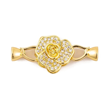 Rack Plating Brass Micro Pave Clear Cubic Zirconia Fold Over Clasps, Long-Lasting Plated, Lead Free & Cadmium Free, Flower, Real 18K Gold Plated, 33mm, Flower: 15x15x8.5mm, Clasp: 11.8x5.5x6.5mm