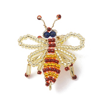 Handmade Glass Seed Beads Woven Pendants, with Jump Rings, Bee Charms, Gold, 35x32x3mm, Hole: 3mm