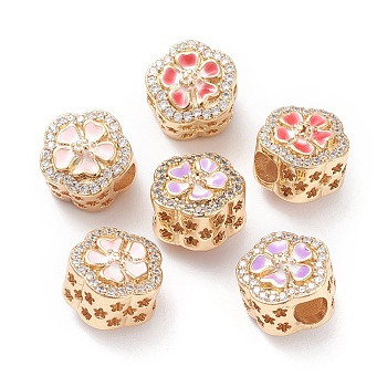 Brass Enamel European Beads, Large Hole Beads, Long-lasting Plated, with Micro Pave Clear Cubic Zirconia, Flower, Real 18K Gold Plated, Mixed Color, 12x12x10mm, Hole: 4mm