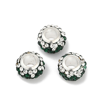 Alloy Rhinestone Clay Pave Beads, Rondelle, Green, 12.5x7.5mm, Hole: 5.2mm