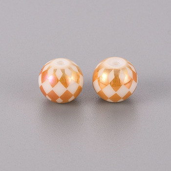 Electroplate Glass Beads, Round with Grid Pattern, Rose Gold Plated, 10mm, Hole: 1.2mm