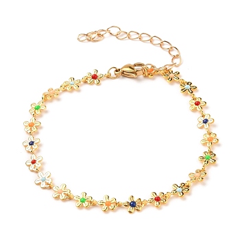 Brass Enamel Flower Link Chain Bracelets, with 304 Stainless Steel Lobster Claw Clasps, Colorful, Real 18K Gold Plated, 7-1/2 inch(19cm)