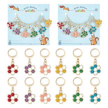 Alloy Enamel Honeycomb Pendant Stitch Markers, Crochet Leverback Hoop Charms, Locking Stitch Marker with Wine Glass Charm Ring, Mixed Color, 3.5cm, 6 colors, 2pcs/color, 12pcs/set