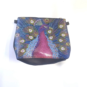 DIY Zipper Crossbody Bag Diamond Painting Kits, including PU Leather Bags, Resin Rhinestones, Diamond Sticky Pen, Tray Plate and Glue Clay, Rectangle, Peacock Pattern, 150x180mm