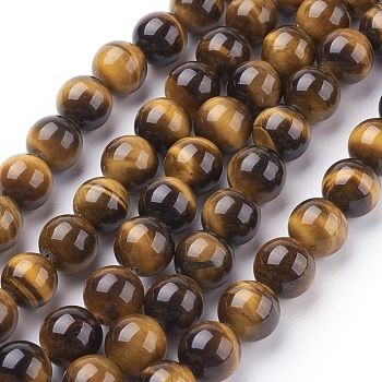 Natural Tiger Eye Beads Strands, Round, Goldenrod, 10mm, Hole: 1mm, about 19pcs/strand, 7.4 inch