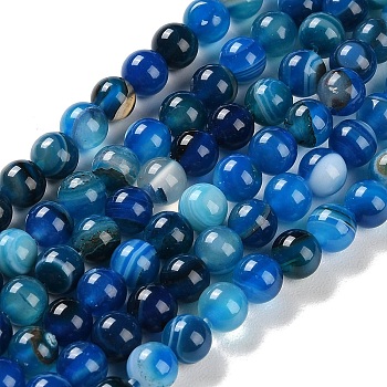 Natural Striped Agate/Banded Agate Beads Strands, Dyed, Round, Dodger Blue, 6mm, Hole: 0.8mm, about 32pcs/strand, 7.60''(19.3cm)