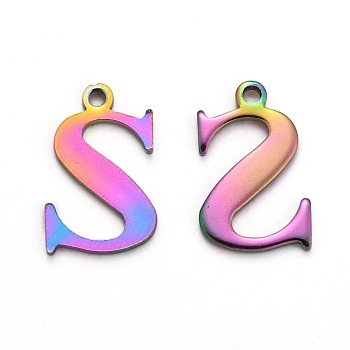 Ion Plating(IP) 304 Stainless Steel Alphabet Charms, Rainbow Color, Letter.S, 12x8x1mm, Hole: 1mm