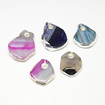 Plated Natural Striped Agate/Banded Agate Pendants, Dyed, Nuggets, 35~50x29~37x7~8mm, Hole: 5~6mm