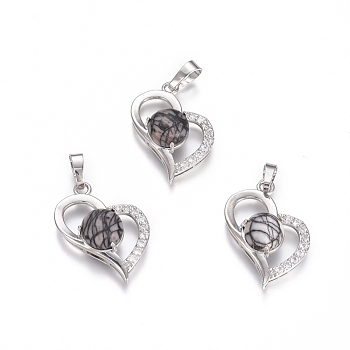 Natural Netstone Pendants, with Platinum Tone Brass Findings and Crystal Rhinestone, Heart, 29x21.5x9mm, Hole: 7x3.5mm