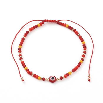 Adjustable Nylon Cord Braided Bead Bracelets, with Evil Eye Lampwork Beads, FGB Glass Seed Beads and Frosted Glass Beads, Red, Inner Diameter: 2-1/8~4-1/8 inch(5.3~10.3cm)