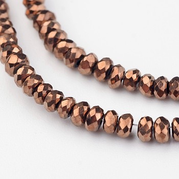 Electroplate Glass Beads Strands, Faceted Rondelle, Copper Plated, 3x2mm, Hole: 1mm, about 170pcs/strand, 15 inch