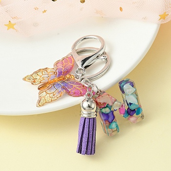 Resin Letter & Acrylic Butterfly Charms Keychain, Tassel Pendant Keychain with Alloy Keychain Clasp, Letter N, 9cm