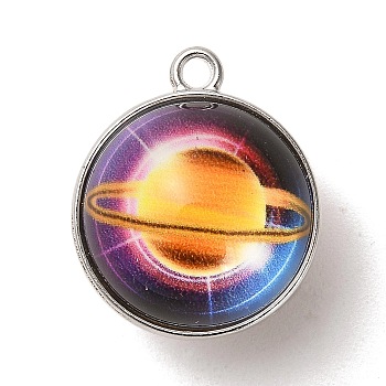 Galaxy Theme Luminous Glass Ball Pendants, Glow in the Dark, with Platinum Tone Alloy Edge, Saddle Brown, 25x21.5x20~21mm, Hole: 2mm