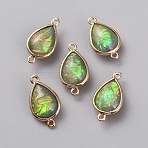 Resin Imitation Shell/Opal Connector Charms, Brass Teardrop Links, Golden, Dark Goldenrod, 21x12x6.9mm, Hole: 1.6mm(RESI-WH0035-61A)