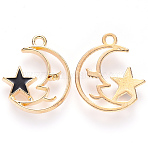 Alloy Enamel Pendants, Moon with Star, Light Gold, Black, 19x17x2mm, Hole: 1.6mm(ENAM-S121-062)