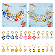 2 Sets 2 Style Flower Handmade Polymer Clay & Alloy Enamel Charm Locking Stitch Marker, Crochet Leverback Hoop & Lobster Clasp Charm, Mixed Color, 28~31mm, 1 set/style(HJEW-NB0002-09)