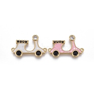 Brass Micro Pave Cubic Zirconia Links, with Enamel & Natural Shell Slice, Long-Lasting Plated, Motorbike, Clear & Black, Golden, Mixed Color, 15.5x23.5x2.5mm, Hole: 1.2mm(ZIRC-F113-02-G)