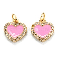 Brass Micro Pave Clear Cubic Zirconia Pendants, with Enamel, Real 18K Gold Plated, Long-Lasting Plated, Heart, Pink, 12x11x2mm, Hole: 3.2mm(ZIRC-M115-43G-F)