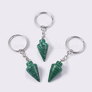 Synthetic Malachite Keychain, with Iron Key Rings, Platinum, 78mm, Pendant: 32x14mm(KEYC-P041-A05)