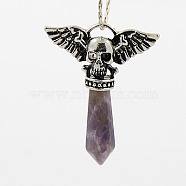 Natural Amethyst Pendants, with Alloy Pendant Settings, Faceted, Bullet with Skull, Antique Silver Metal Color, Mauve, 47x38x9.5mm, Hole: 3x7mm(G-J063-03AS)