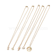 Pendant Necklaces, with 304 Stainless Steel Cable Chains & Lobster Clasps, Brass Cubic Zirconia Charms and Box, Flat Round/Lotus/Butterfly/Pineapple/Fishbone, Golden, 17.71 inch(45cm), 1.5mm(NJEW-JN02740)