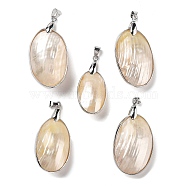 Electroplate Natural Shell Big Pendants, Brass Oval Charms with Iron Snap on Bails, Platinum, 38~52x18~28x11.5~18mm, Hole: 6.5x4mm(KK-F882-05P)