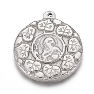 304 Stainless Steel Pendants,  Flat Round with Leaf & Saint Benedict Medal, Stainless Steel Color, 29x25x3mm, Hole: 1mm(STAS-H117-08P)