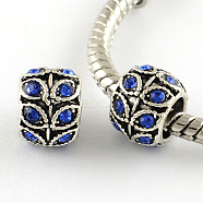 Antique Silver Plated Alloy Rhinestone Large Hole European Beads, Rondelle with Leaf, Sapphire, 9x7mm, Hole: 5mm(MPDL-R041-02F)