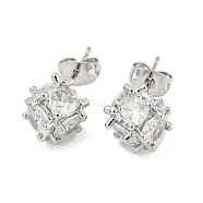 Brass Micro Pave Cubic Zirconia Ear Studs, Square, Platinum, 8.5x8.5mm(EJEW-P261-19P)