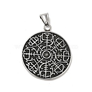 304 Stainless Steel Manual Polishing Pendants, Flat Round with Vegvisir Charms, Antique Silver, 43x37x2.5mm, Hole: 4x8mm(STAS-G280-12AS)