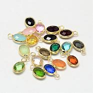 Oval Faceted Golden Tone Brass Glass Charms, Mixed Color, 12x7x3.5mm, Hole: 1mm(GLAA-O015-G)