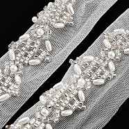 Polyester Flower Lace Trims, with ABS Imitation Pearl Beads and Glass, Floral White, 1 inch(26mm)(OCOR-A007-08)