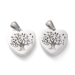 304 Stainless Steel Pendants, Manual Polishing, Heart with Tree of Life, Stainless Steel Color, 18x17.5x3.5mm, Hole: 3x6mm(STAS-F253-04P)