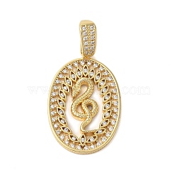 Rack Plating Brass Micro Pave Clear Cubic Zirconia Pendants, Cadmium Free & Lead Free, Long-Lasting Plated, Oval, Real 18K Gold Plated, Snake, 50x26x3mm, Hole: 6x11mm(KK-C067-09G-01)