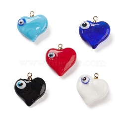 Handmade Evil Eye Lampwork Pendants, with Light Gold Tone Brass Findings, Long-Lasting Plated, Lead Free & Cadmium Free, Heart Charm, Mixed Color, 19x17.5~18.5x8.5~9mm, Hole: 1.4mm(LAMP-M015-03)