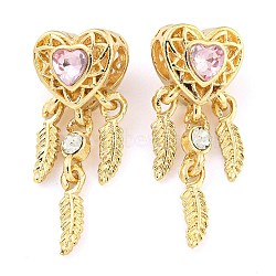 Rack Plating Alloy Pave Light Padparadscha Rhinestone Heart with Feather European Dangle Charms, Large Hole Pendants, Cadmium Free & Nickel Free & Lead Free, Golden, 32.5x11.5x10.5mm, Hole: 4.7mm(FIND-B034-19G-01)