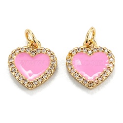 Brass Micro Pave Clear Cubic Zirconia Pendants, with Enamel, Real 18K Gold Plated, Long-Lasting Plated, Heart, Pink, 12x11x2mm, Hole: 3.2mm(ZIRC-M115-43G-F)