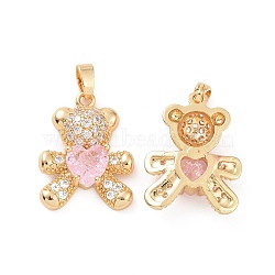 Real 18K Gold Plated Brass Micro Pave Clear Cubic Zirconia Pendants, Bear Charms, Pink, 21x16x5mm, Hole: 4.5x2.5mm(KK-E068-VC420)
