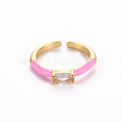 Brass Enamel Cuff Rings, Open Rings, Solitaire Rings, with Clear Cubic Zirconia, Nickel Free, Horse Eye, Golden, Pearl Pink, US Size 7(17.3mm)(RJEW-T016-29E-NF)