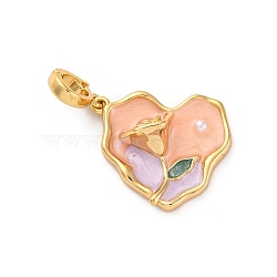 Brass Enamel Pendants, with ABS Imitation Pearl, Real 18K Gold Plated, Heart with Flower Charm, Light Salmon, 35mm, Hole: 6x4.5mm(KK-S502-09G-B)