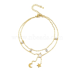 Ion Plating(IP) 304 Stainless Steel Chains Anklet, Cubic Zirconia & Synthetic Shell Charms Anklet, Golden, Star, 8-1/4 inch(21cm).(AJEW-H148-10D-G)