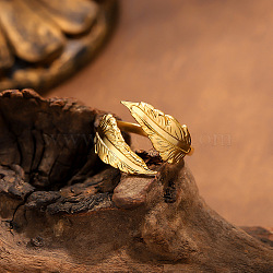 304 Stainless Steel Cuff Open Rings for Women, Feather, Golden, 15~20mm(WG0513E-01)