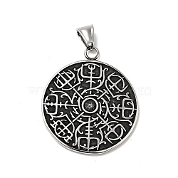 304 Stainless Steel Manual Polishing Pendants, Flat Round with Vegvisir Charms, Antique Silver, 43x37x2.5mm, Hole: 4x8mm(STAS-G280-12AS)