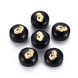 Handmade Lampwork Beads, with Golden Plated Brass Etched Metal Embellishments, Flat Round with Woman, Black, 8x5~6mm, Hole: 0.8mm(LAMP-S196-015)