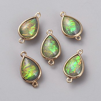 Resin Imitation Shell/Opal Connector Charms, Brass Teardrop Links, Golden, Dark Goldenrod, 21x12x6.9mm, Hole: 1.6mm