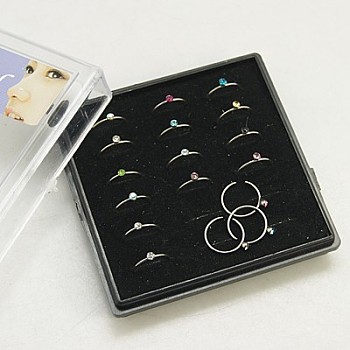 Stainless Steel Hoop Nose Rings, with Grade A Rhinestones, Stainless Steel Color, Mixed Color, 9mm, Inner Diameter: 7.8mm, Pin: 22 Gauge(0.6mm)