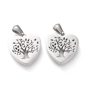 304 Stainless Steel Pendants, Manual Polishing, Heart with Tree of Life, Stainless Steel Color, 18x17.5x3.5mm, Hole: 3x6mm