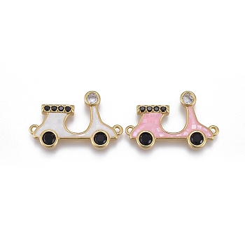 Brass Micro Pave Cubic Zirconia Links, with Enamel & Natural Shell Slice, Long-Lasting Plated, Motorbike, Clear & Black, Golden, Mixed Color, 15.5x23.5x2.5mm, Hole: 1.2mm